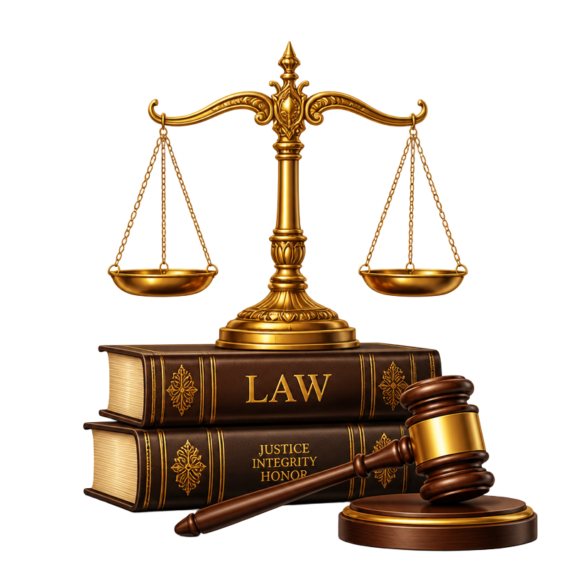Balanza de la justicia, libros de derecho y mazo